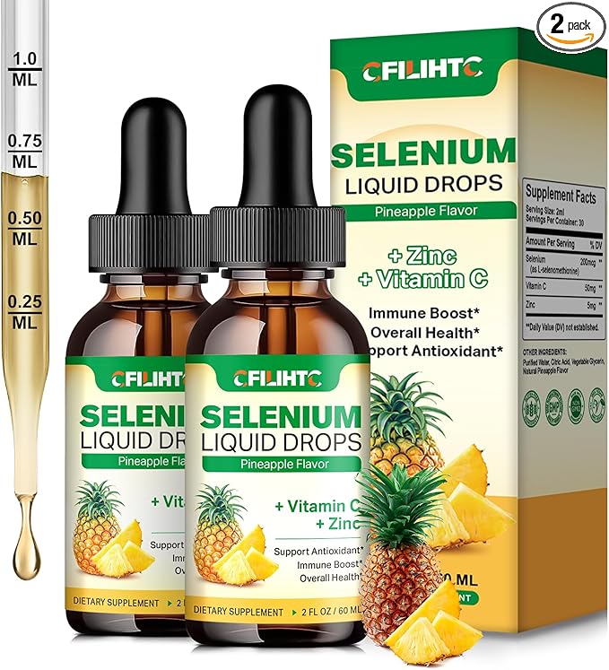 2 Pack Selenium Liquid Drops, 200mcg Liquid Selenium Supplement with Vitamin C & Zinc, Support for Immune System, Antioxidant & Heart Health, High Absorption, Pineapple Flavor