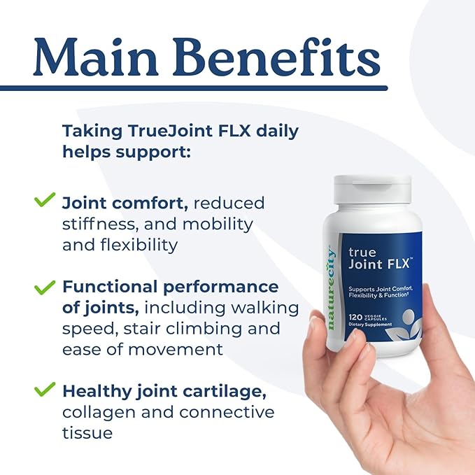 NatureCity True-Joint FLX Joint Supplement Formula (120 Capsules) | TamaFlex, NEM Eggshell Membrane, Levagen+ PEA & CuberUp | Supports Joint Comfort, Flexibility, Mobility, Function & Cartilage Health