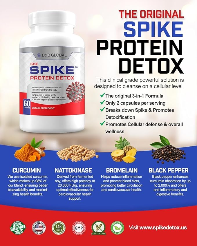 Spike Protein Detox 3-in-1 Supplement - Nattokinase 4000FU, Bromelain 500mg, Curcumin 1000mg - Unflavored Spike Support - Optimal Protein Balance for Daily Health - 60 Capsules, 30 Day Supply