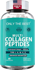 Premium Multi Collagen Peptides Capsules 1800mg - Types I, II, III, V, X To Support Skin, Hair, Nails - Helps Bones, Joints, Muscles, & Digestive Health* Hydrolyzed Collagen Supplement 90 Capsules