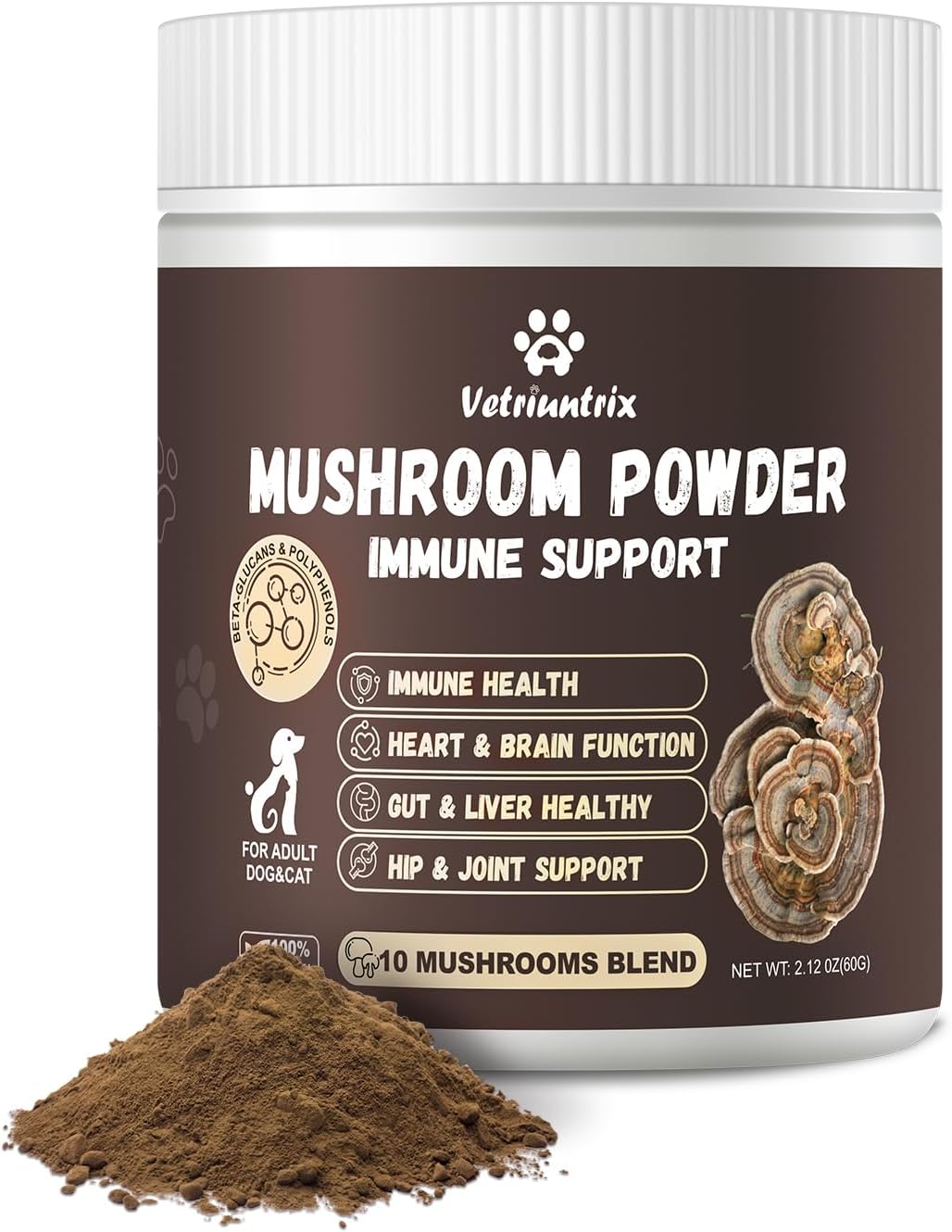 Turkey Tail Mushroom Powder for Dogs, Organic 10 Mushroom Blend for Lumps and Bumps, Dog & Cat Herbal Supplements Probiotic with 50% β-Glucan, Joint Gut Immune Skin Support-45 Day Supply