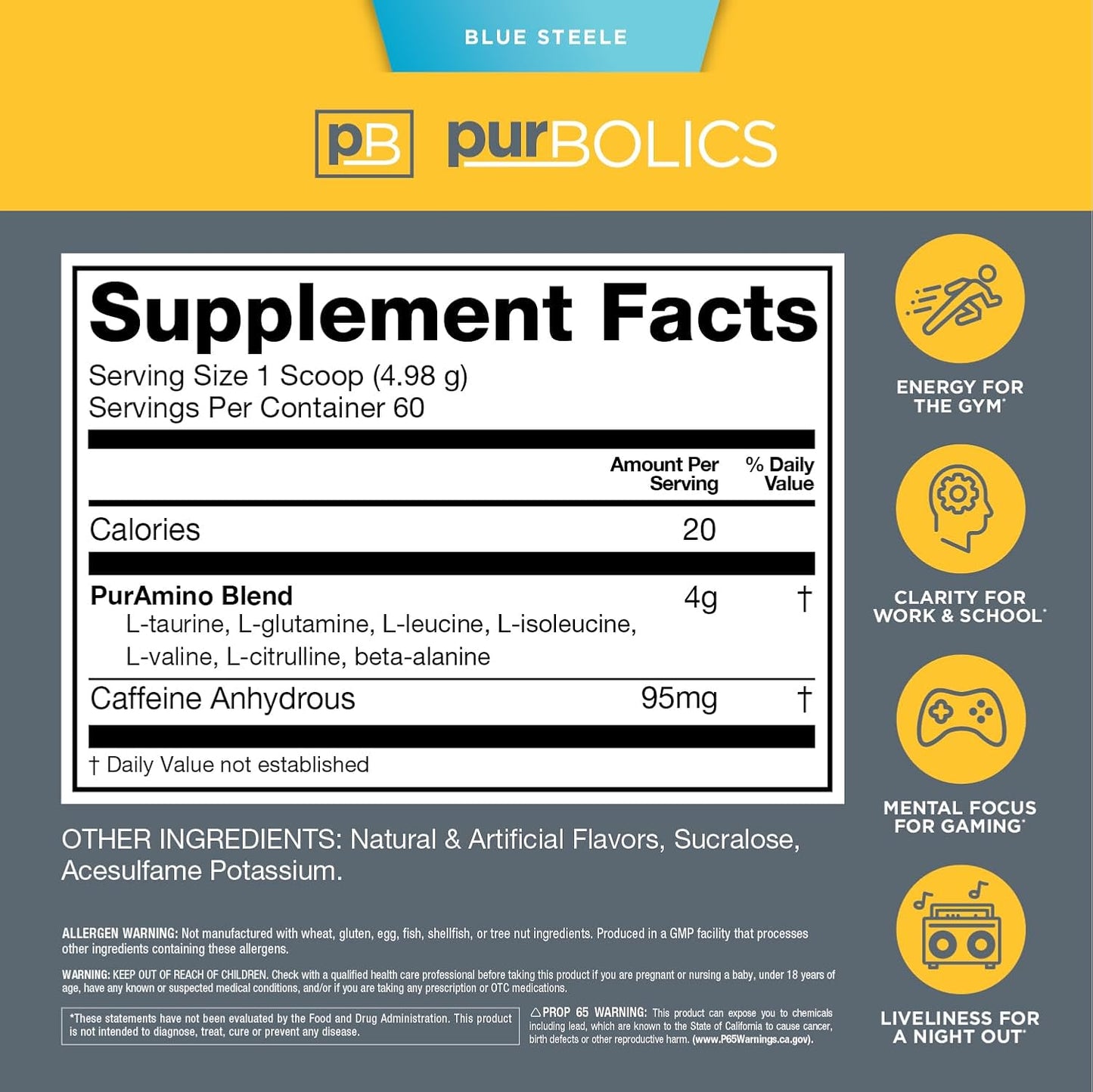 Purbolics Aminos + Energy | Supports Recovery, Energy & Focus | 95mg of Caffeine, 0 Calories & 60 Servings (Blue Steele)