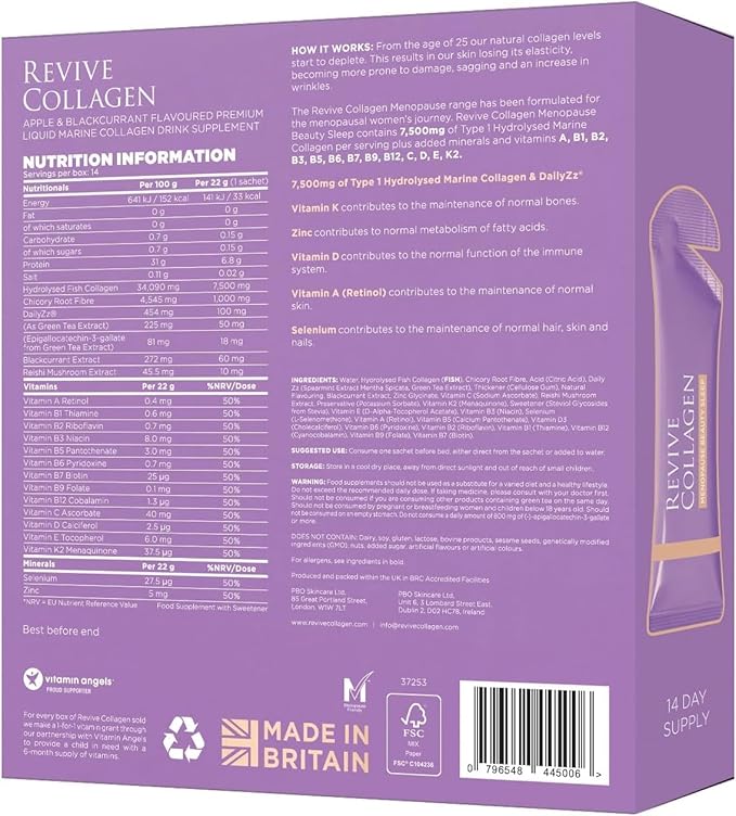 Revive Collagen Menopause Beauty Sleep — Hydrolyzed Marine Collagen Drink for Women, 7,500MG, Zinc, Chicory Root Fiber, Vitamin D & K, Supports Sleep Quality, Apple & Blackcurrant Flavour — 14 Sachets