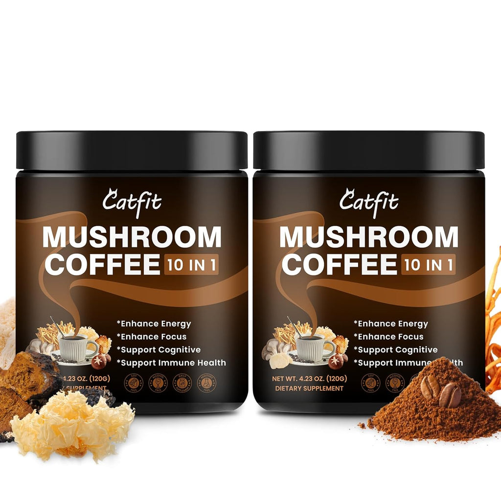 2 Pack Mushroom Coffee Powder, 10 Adaptogenic Mushrooms And MCT Oil, Hydrolyzed Collagen, Instant Coffee with Lion's Mane, Chaga, L-Theanine for Energy, Focus, Digestion and Immunity, 320G