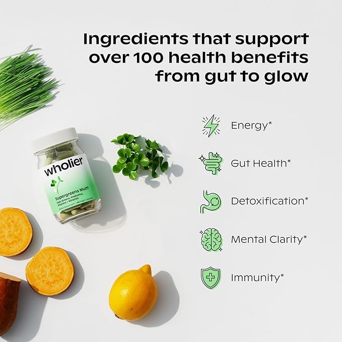 wholier Supergreens Multi, Daily Greens, Plant-Based Multivitamin for Women + Men, Whole Food Vitamins + Minerals, Prebiotics for Gut Health, Adaptogens (60 Vegan Capsules) Glass Bottle
