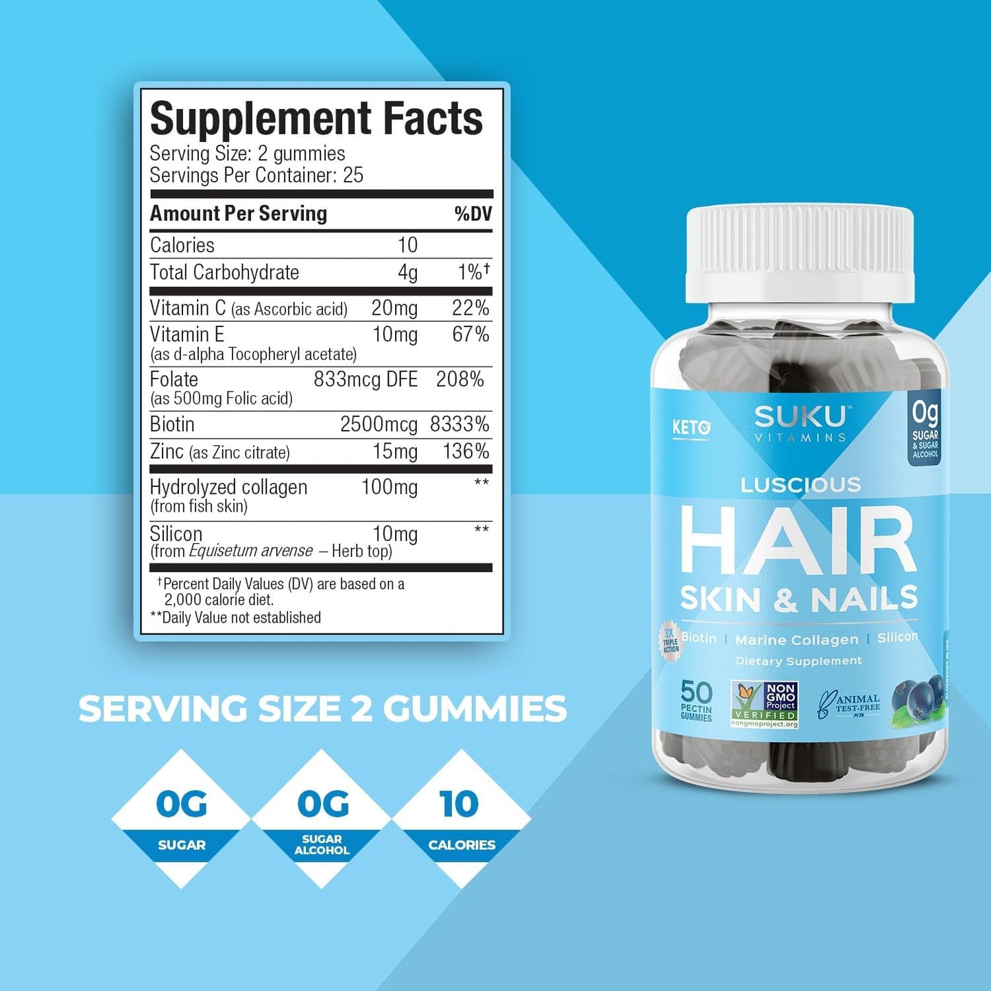 SUKU Vitamins - Luscious Hair - Silicon Biotin and Hydrolyzed Marine Collagen Gummies for Skin, Hair & Nails - Easy to Chew - Non GMO, Gluten Sugar Free - Blueberry Flavored Gummy Vitamins - 50 Count