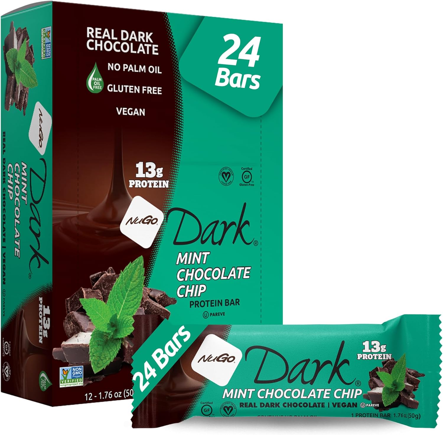 NuGo Dark Mint Chocolate Chip, 13g Protein Bar, Vegan, Gluten Free, Non-GMO, Kosher Pareve, 24 Count