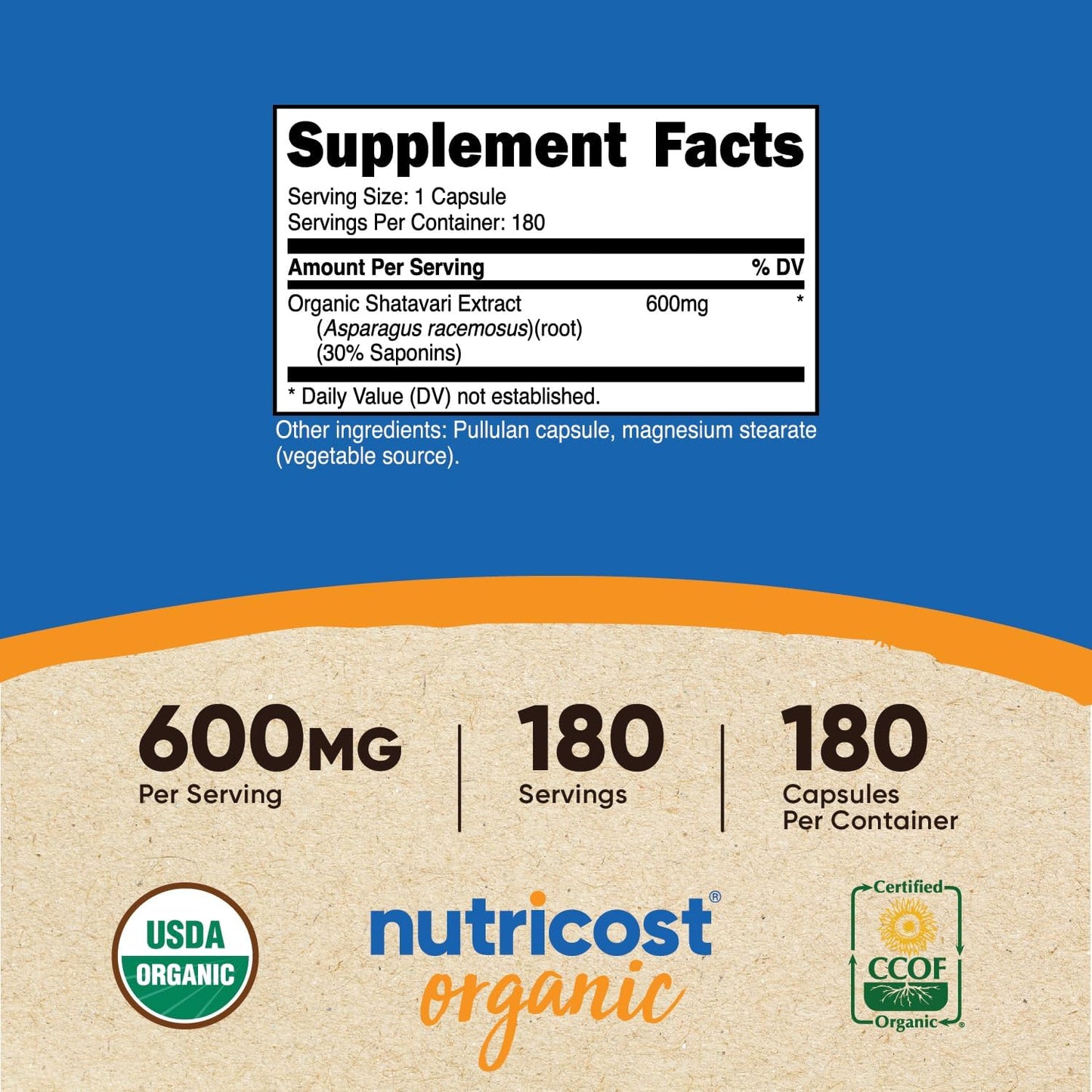 Nutricost Shatavari 600mg, 180 Capsules, 180 Servings - CCOF Certified Made with Organic Shatavari, Non-GMO, Gluten Free, Vegetarian Friendly