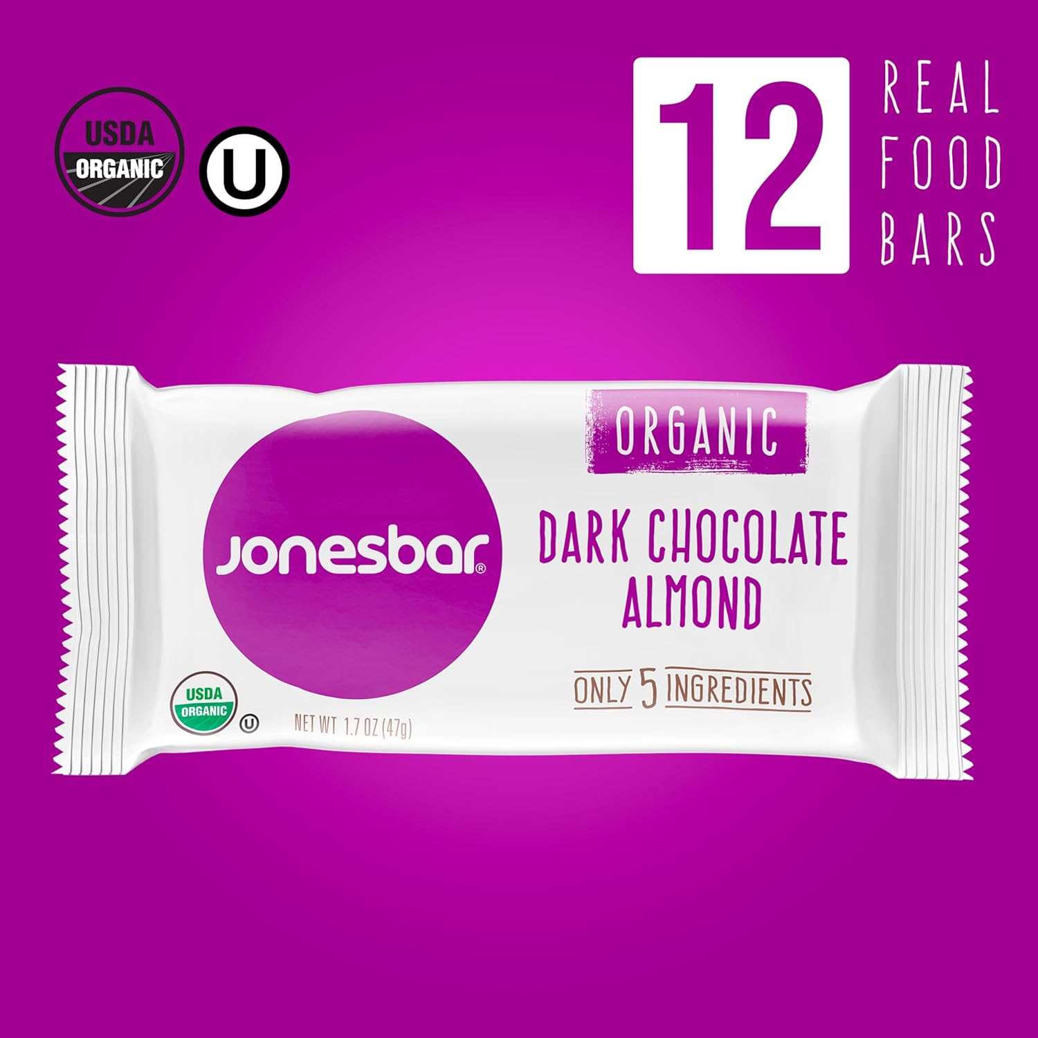 JONESBAR Organic Plant Based Protein Bars | Dark Chocolate Almond | Fruit & Nut Bar, Kosher, Gluten Free, Breakfast Bars, School Snacks, Vegan Snack & Healthy Snacks for Adults and Kids (Pack of 12)