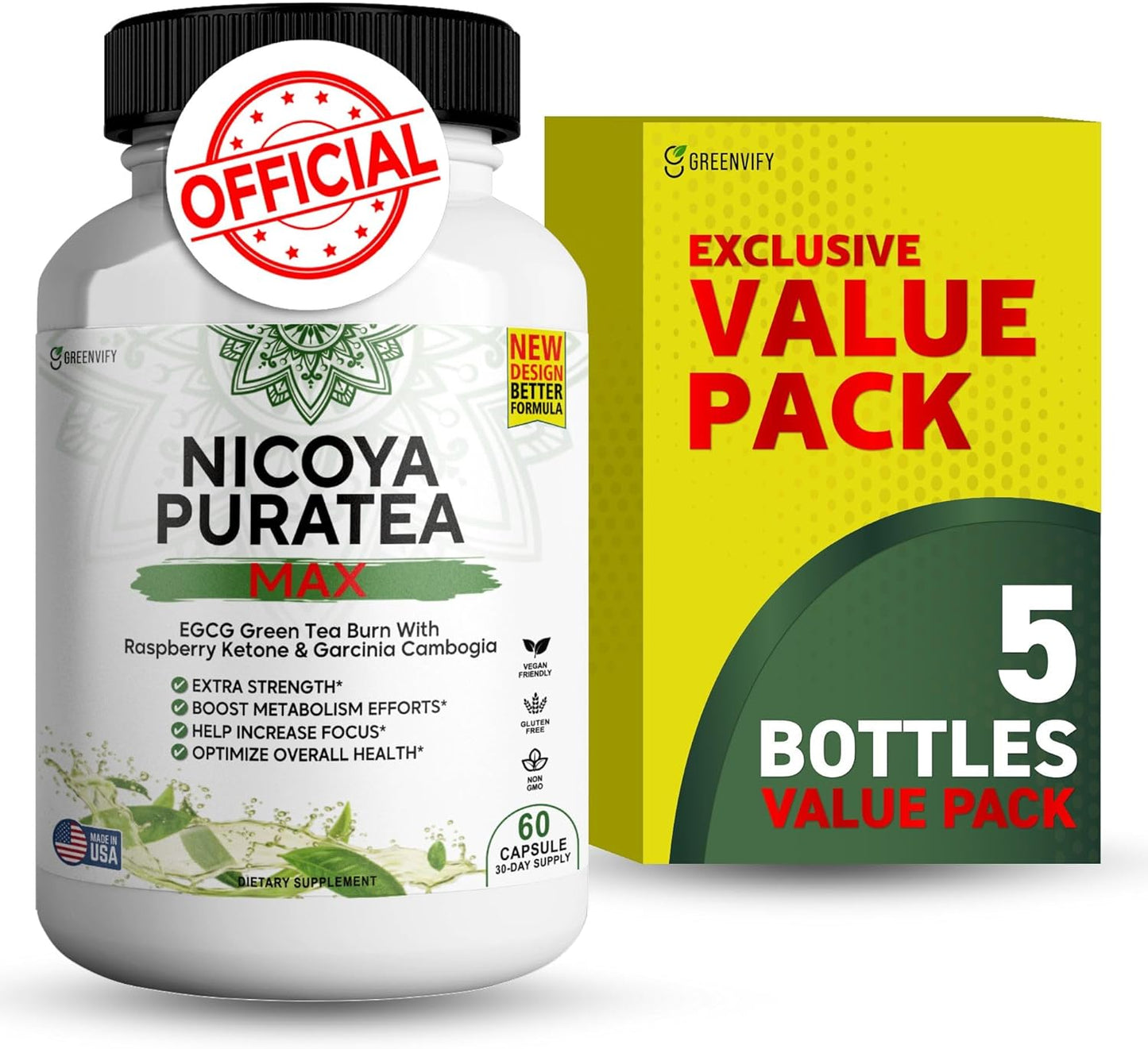Nicoya PuraTea Max Green Tea Extract & Green Coffee Bean for Metabolism Support, Natural Energy Boost, Antioxidant-Rich Supplement – 300 Capsules