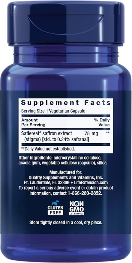 Life Extension Optimized Saffron, Saffron Extract, Saffron Supplement That Helps You Fight The urge to Snack, Non-GMO, Gluten-Free, Vegetarian, 60 Vegetarian Capsules