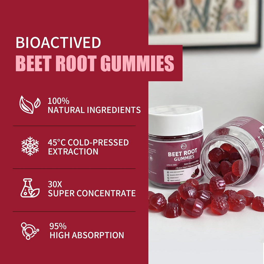 M inch Beet Root Gummies with Nitric Oxide Supplement with Beetroot, Grape Seed, Coq10, Folic Acid, Vitamin C, B3 & B12 for Energy Boost & Circulation Support, Pomegranate Flavor, 2 Packs