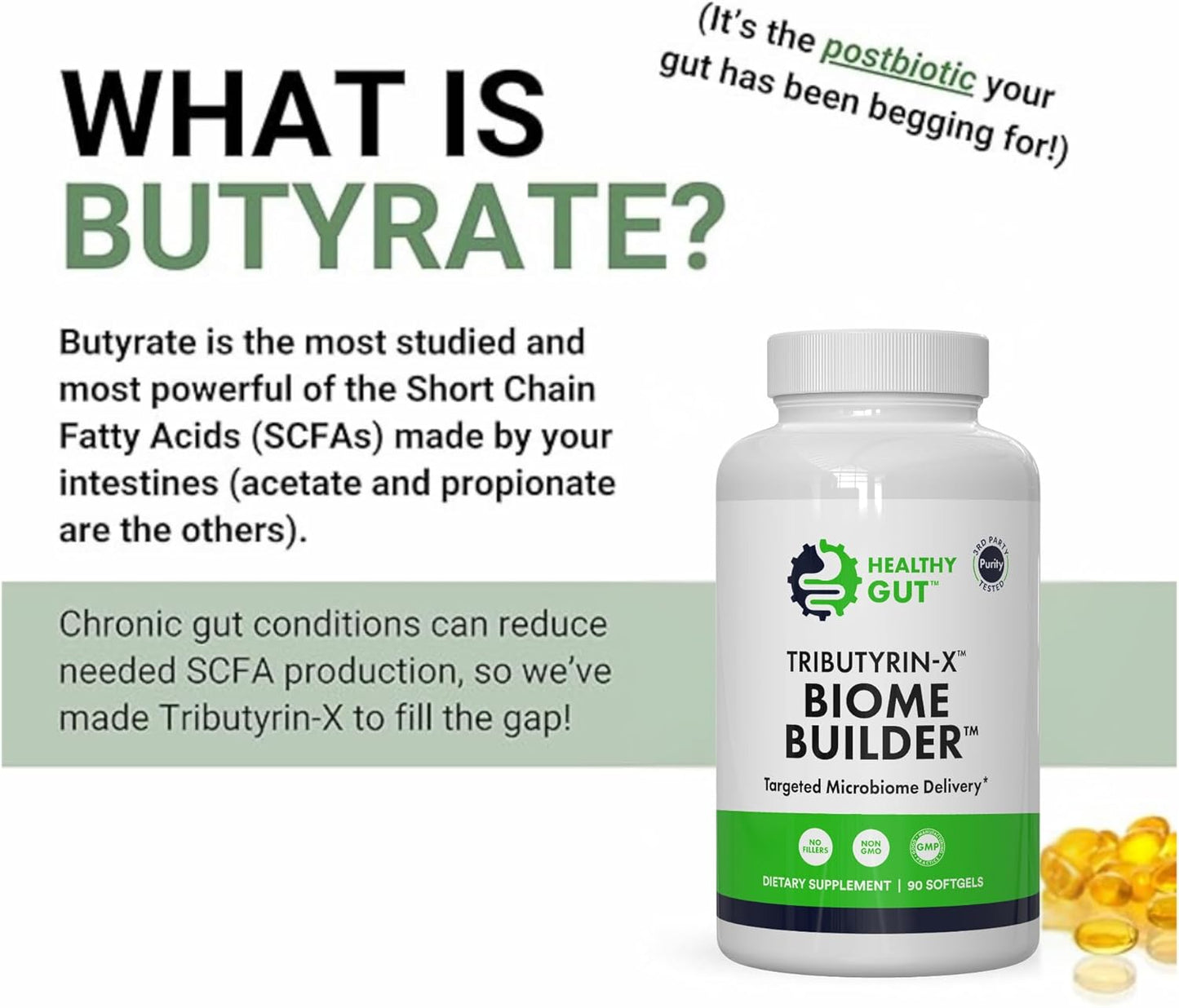 Tributyrin-X | Most Bioavailable Butyrate Postbiotic for Gut Health & Leaky Gut Support | 99% Pure w/Zero Odor | 90 Softgels