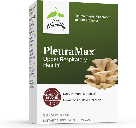 Terry Naturally PleuraMax - Upper Respiratory Health Supplement - Sourced from Oyster Mushrooms - Includes Vitamin C for Immune Support - Vegan & Non-GMO - 30 Capsules (30 Servings)