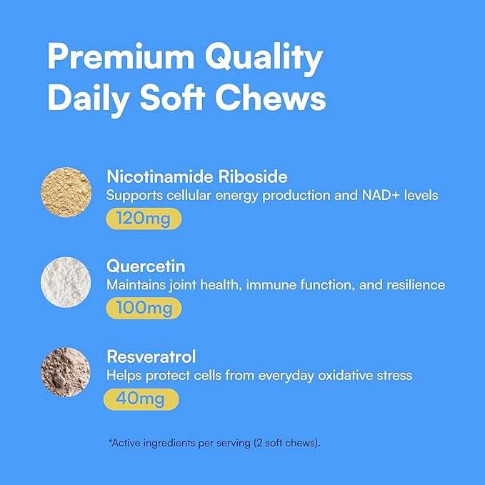 NAD+ Precursor & Senior Dog Supplement - 90 Soft Chews - NMN Alternative for Longevity & Healthy Aging - Nicotinamide Riboside, Resveratrol, Quercetin, Made with Pasture-Raised Chicken