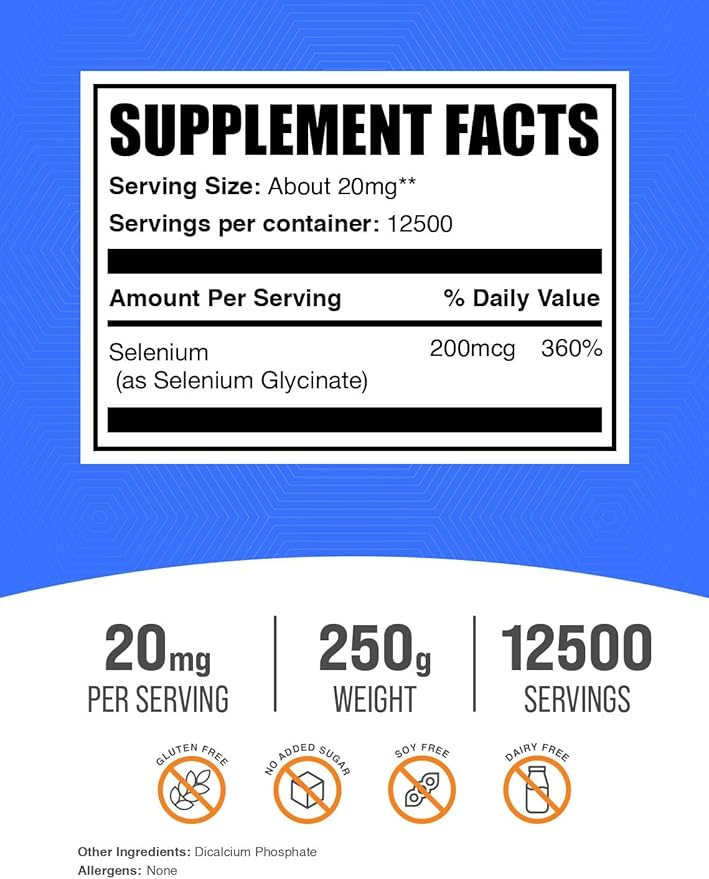 BulkSupplements.com Selenium Glycinate Powder - Selenium 200mcg, Mineral Supplement - Essential Trace Mineral & Gluten Free, 20mg per Serving, 250g (8.8 oz) (Pack of 1)