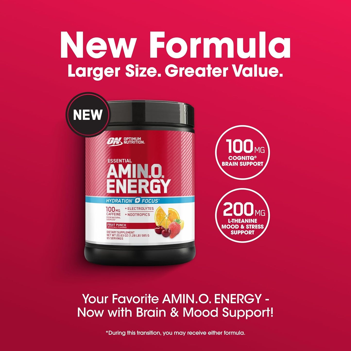 Optimum Nutrition Amino Energy Powder Plus Focus, with BCAA, Electrolytes, and Caffeine, Fruit Punch, 65 Servings (Packaging May Vary)