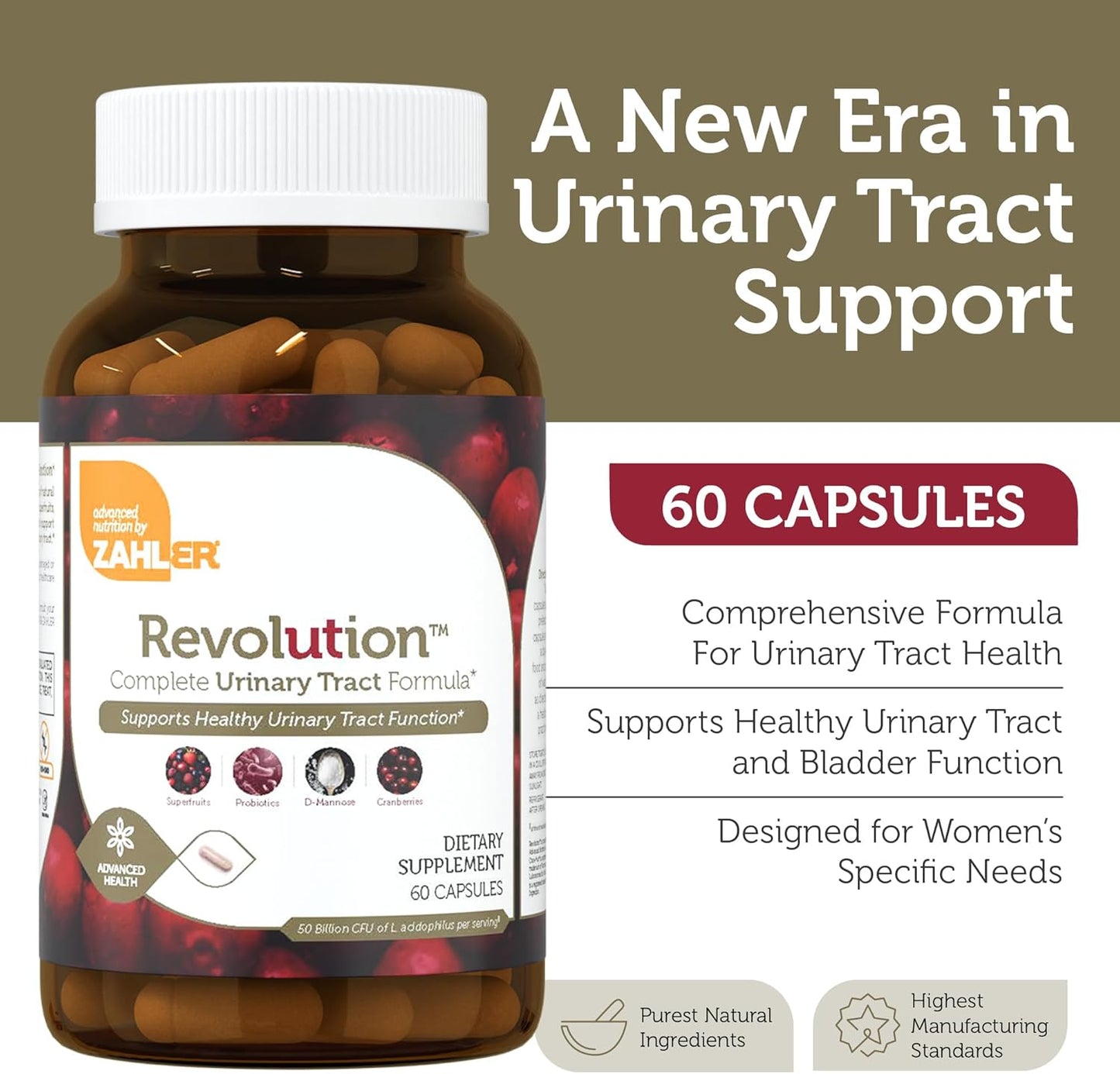 Zahler Revolution - Complete Womens Urinary Tract Health Formula with Probiotics - UTI Pills - 1200mg D-Mannose and Cranberry Supplement - Urinary Tract Infection Support for Women (60 Capsules)