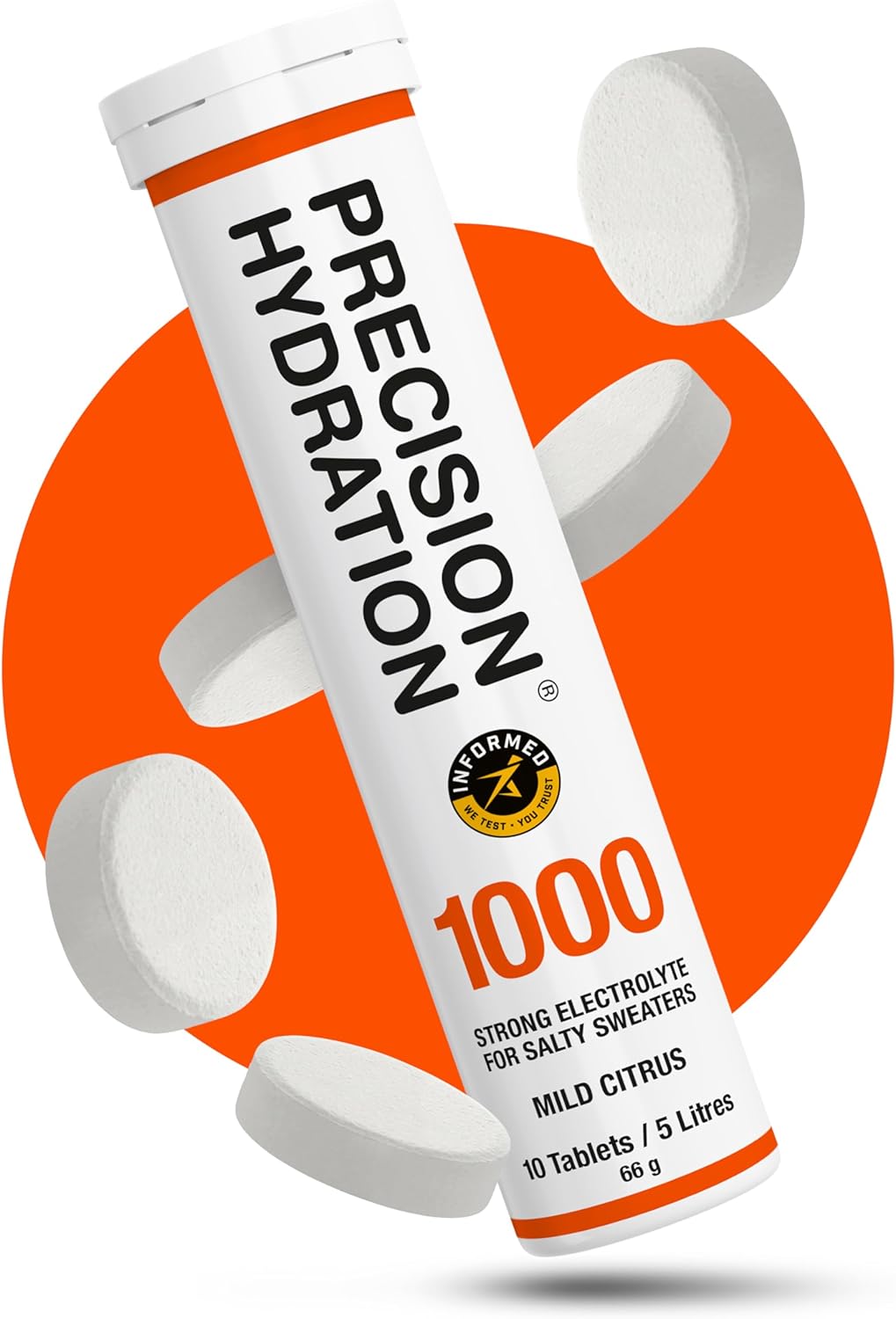 Precision Hydration Electrolyte Tablets - Multi Strength Effervescent Hydration Tablets - Combats Cramp - Low Calorie, Gluten Free, Vegan/Vegetarian Friendly(1 Tube, 1000mg/L - Orange Tube)