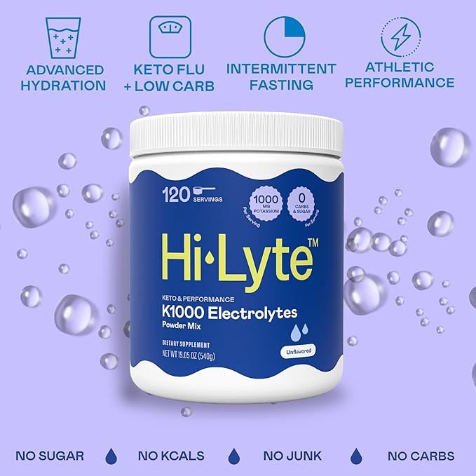 Hi-Lyte Keto K1000 Unflavored Electrolyte Powder | Hydration Supplement Drink Mix | Boost Energy & Beat Leg Cramps | No Sugar, Stevia, Maltodextrin | 120 Servings