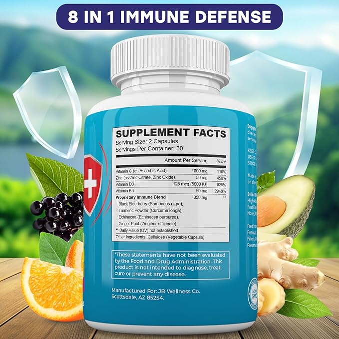 Immune Support 8 in 1 Capsules - Zinc Supplement, Vitamin D3, Vitamin C and Elderberry - Immune Booster Supplement with Echinacea, Ginger Root, and Turmeric
