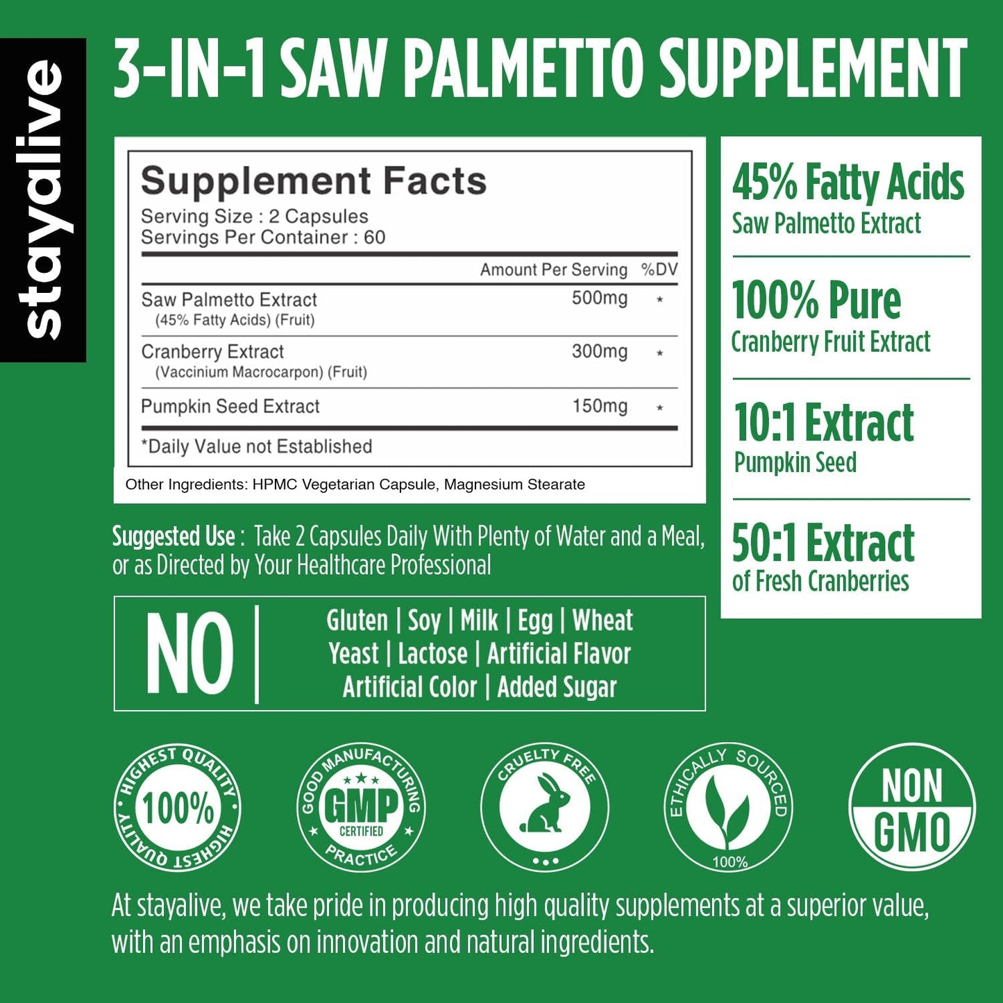 STAY ALIVE Saw Palmetto Extract Capsules w/Cranberry & Pumpkin Seed Oil, 120 Vegan Pills for Hair, U.T & Prostate, Pure Saw Palmetto for Men and Women, Non-GMO, Gluten Free Pumpkin Seed Supplement