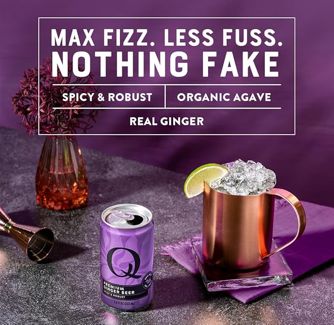 Q GINGER BEER with Real Ginger & Organic Agave - Ideal for Cocktails & Mocktails - Made with Real Ingredients, Perfectly Carbonated & Less Sweet - 80 Calories per Can - 7.5 Fl Oz Cans (Pack of 24)