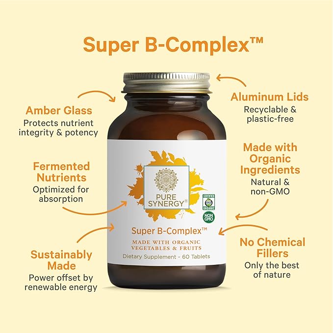 PURE SYNERGY Super B-Complex | Vitamin B Complex Made with Organic Whole Foods | Vegan Supplement with Natural Vitamin B12, Niacin, and Folate | for Energy, Focus and Mood Support (60 Tablets)