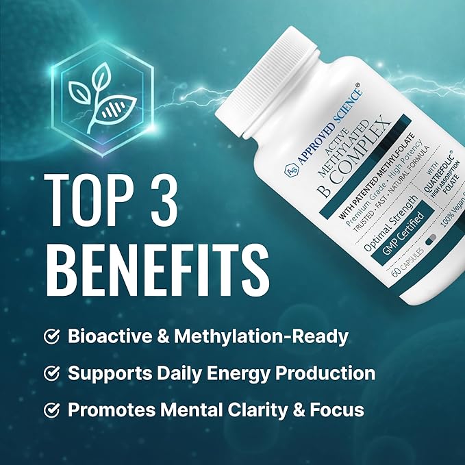 Approved Science Methylated B Complex – Full-Spectrum B-Vitamins, Quatrefolic Folate (5-MTHF), Choline, Betaine - 60 Capsules - Pack of 3