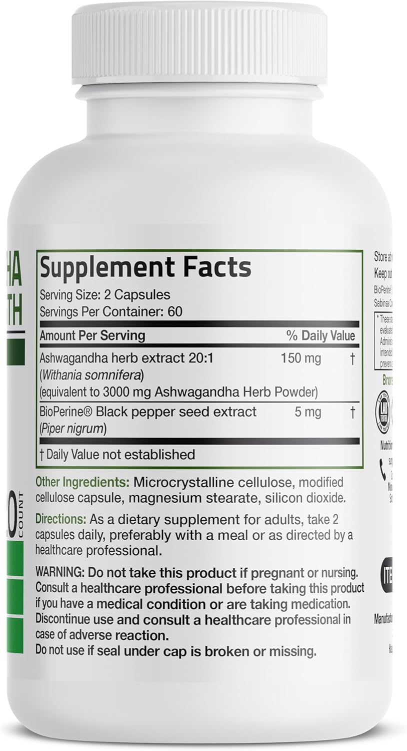 Bronson Ashwagandha Extra Strength Stress & Mood Support with BioPerine - Non GMO Formula, 120 Vegetarian Capsules