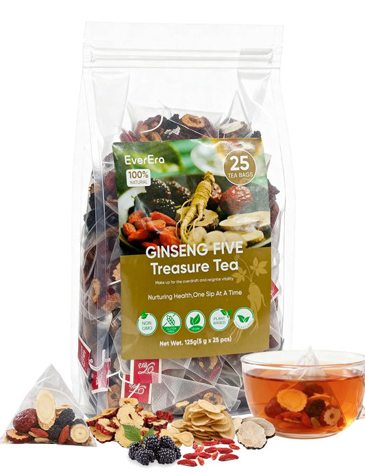 EverEra Ginseng Five Treasures Kidney Tea, Natural Organic Chinese Herbal Tea Bags for Men & Women, Kidney Cleanse Detox Tea with 5 Ingredients Formula (125g/5g x25pcs)