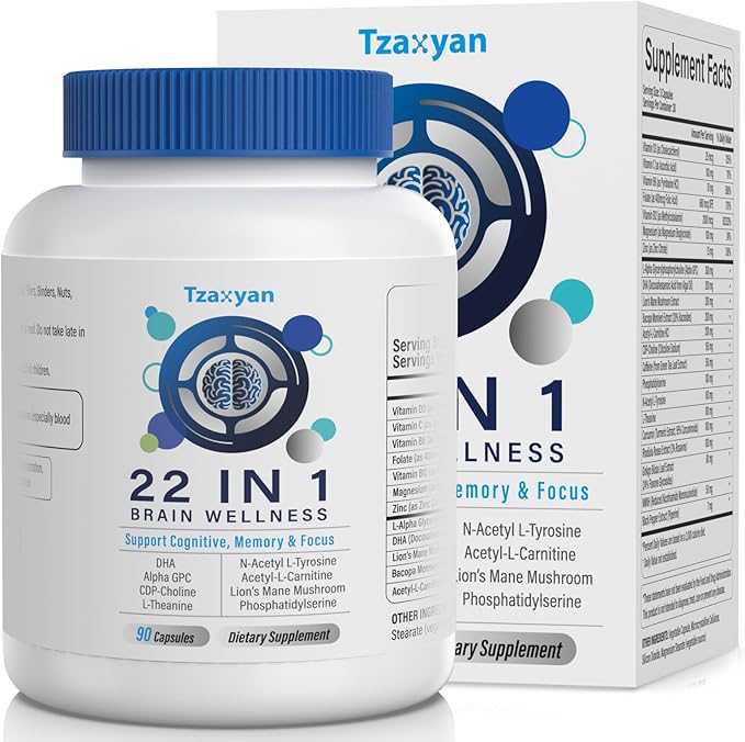 Brain Supplements for Memory and Focus, Clarity & Cognitive Improvement, 300mg Alpha GPC, CDP-Choline, DHA, Lion’s Mane, L-Theanine, Vitamin B6 B12 & Phosphatidylserine for Men & Women, 90 Capsules