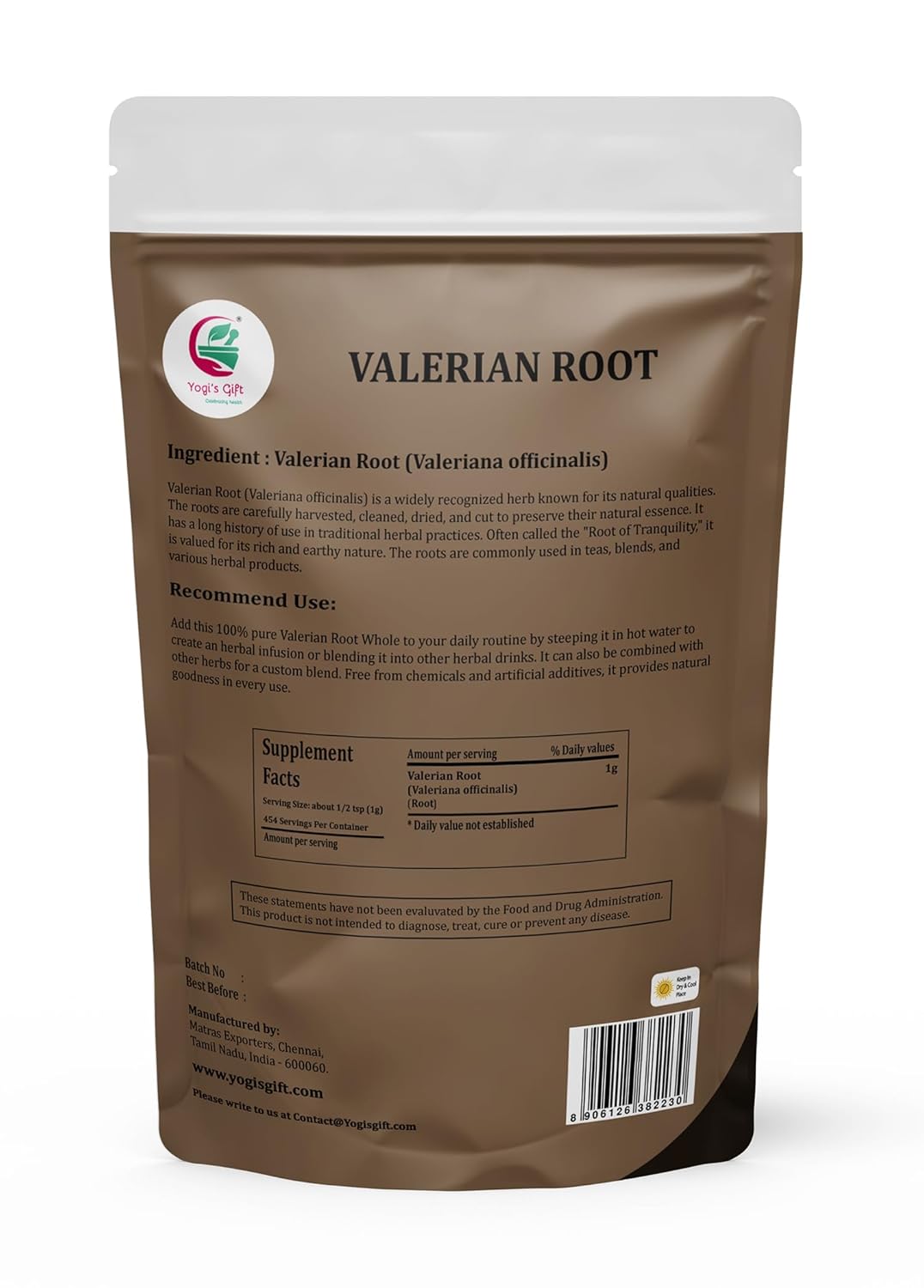 Valerian Root Whole 1 LB, 100% Natural & Pure, Perfect for Tea, Herbal Blends & Wellness Uses, 1 LB Bulk Pack, Resealable Bag for Freshness - By Yogi’s Gift®