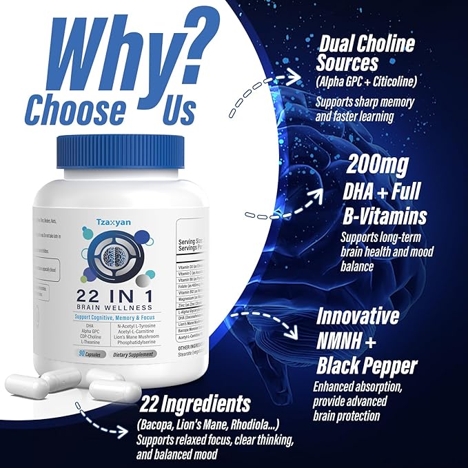 Brain Supplements for Memory and Focus, Clarity & Cognitive Improvement, 300mg Alpha GPC, CDP-Choline, DHA, Lion’s Mane, L-Theanine, Vitamin & Phosphatidylserine for Men & Women, 90 Capsules, 2PACK