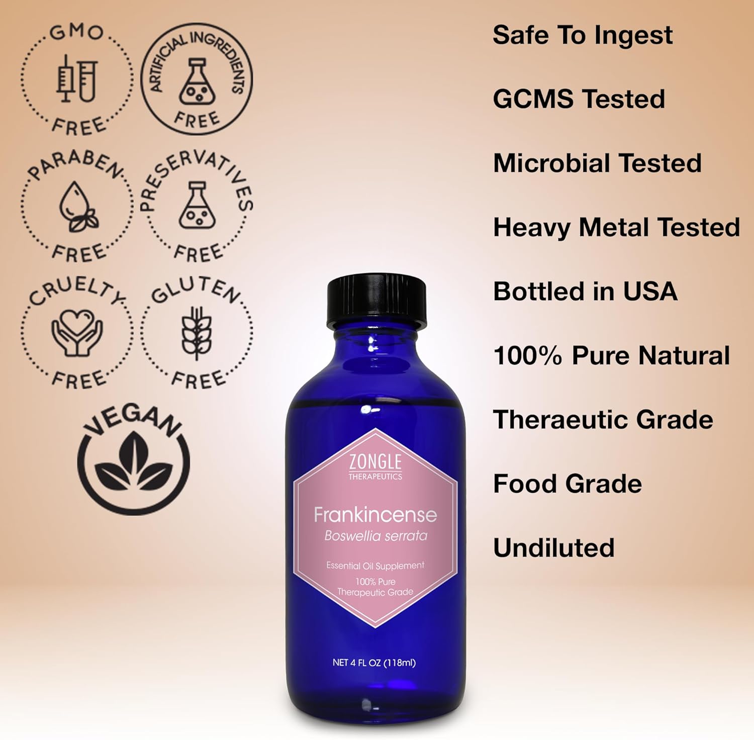 Frankincense Essential Oil, Supplement, for Face – 100% Pure, Frankincense, Resin, Oil, Boswellia Serrata, Edible, by Zongle Therapeutics, 4 OZ
