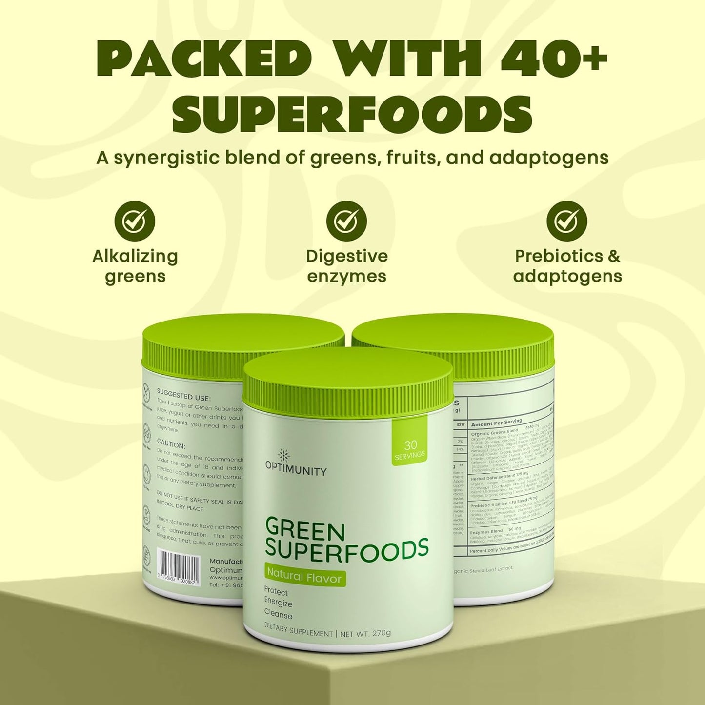 Green Superfoods Powder - Unflavored – Organic Greens Blend with Spirulina, Probiotics & Digestive Enzymes – Detox, Immune & Gut Health Support – 30 Servings (30 Servings, Unflavoured)