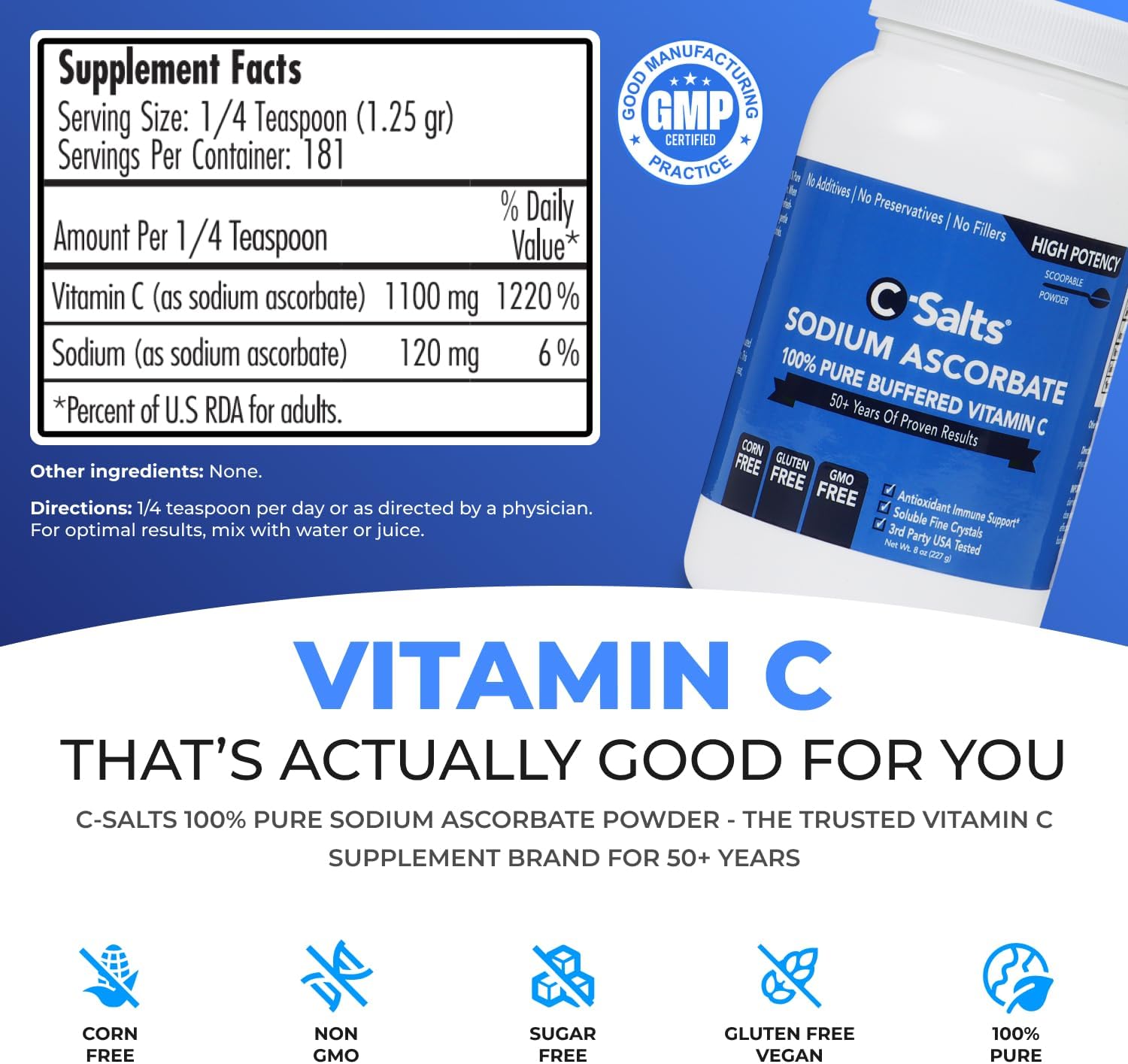 C-Salts Pure Sodium Ascorbate Vitamin C Powder - Non-Acidic Sugar-Free Buffered Powdered Drink for Hydration & Immune Support - Antioxidant for Overall Wellness - Perfect for Drinks or Recipes - 8 oz