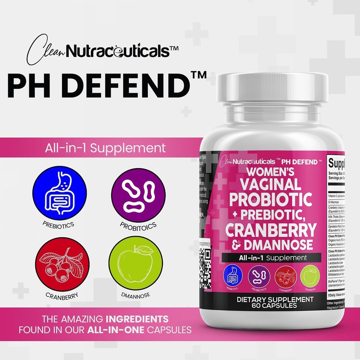 Clean Nutraceuticals Vaginal Probiotics for Women + Prebiotics 20 Billion Cranberry Pills w D-Mannose 500 mg for Urinary Tract Health pH Balance - for Vaginal Health Supplements Pills - 3Pack