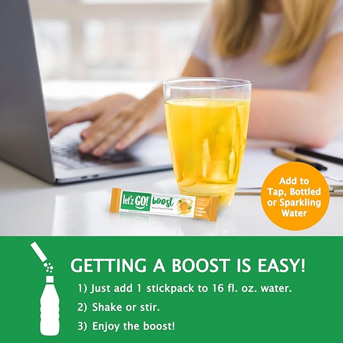 Let'z Go Clean Energy Drink Mix – Natural Caffeine Packets, Vitamins C + D, Electrolytes, Sugar-Free, Zero Calories | Anytime Energy | 15 Count (Orange Citrus)