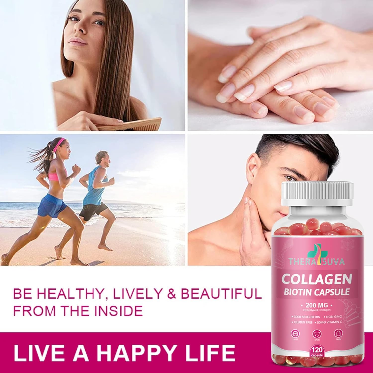 Multi Collagen Complex 200MG + Biotin 3000MCG + Vitamin C 50MG - Promotes Healthy Hair, Beautiful Skin, and Nail Support! 120 Capsules, 60 Day Supply