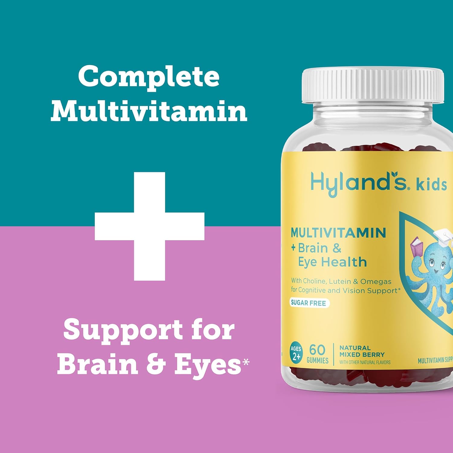 Hyland's Kids Multivitamin + Brain & Eye Health, Sugar Free Natural Mixed Berry Flavored Gummies with Choline, Lutein & Omegas, 60ct Bottle