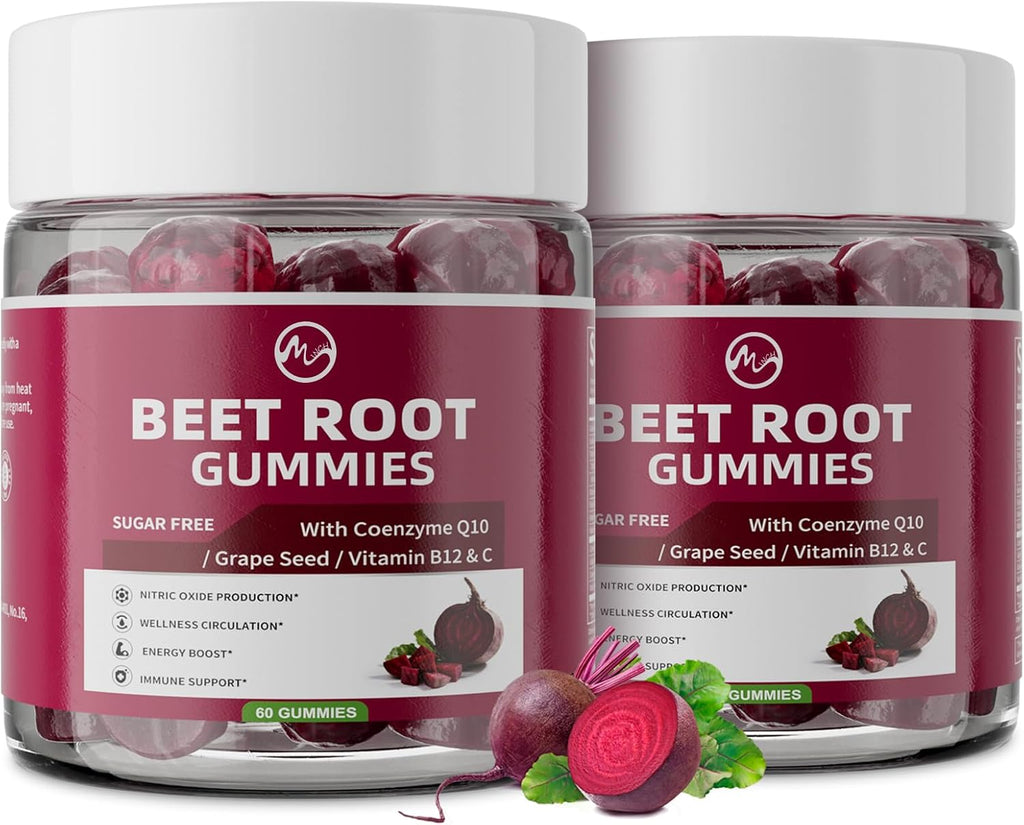 M inch Beet Root Gummies with Nitric Oxide Supplement with Beetroot, Grape Seed, Coq10, Folic Acid, Vitamin C, B3 & B12 for Energy Boost & Circulation Support, Pomegranate Flavor, 2 Packs