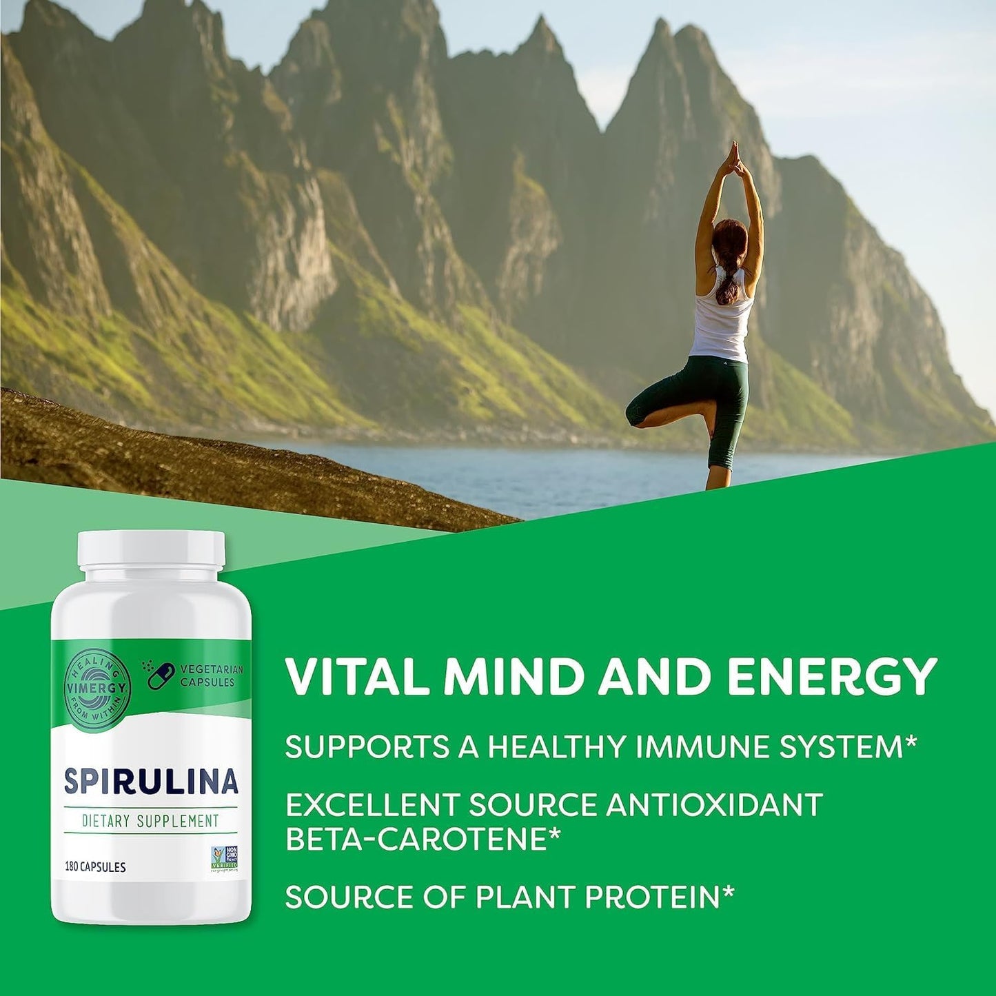 Vimergy Spirulina Capsules – Concentrated Plant Protein Supports Immune Health & Cardiovascular Function – Vegan, Kosher, Gluten-Free – 180 Capsules