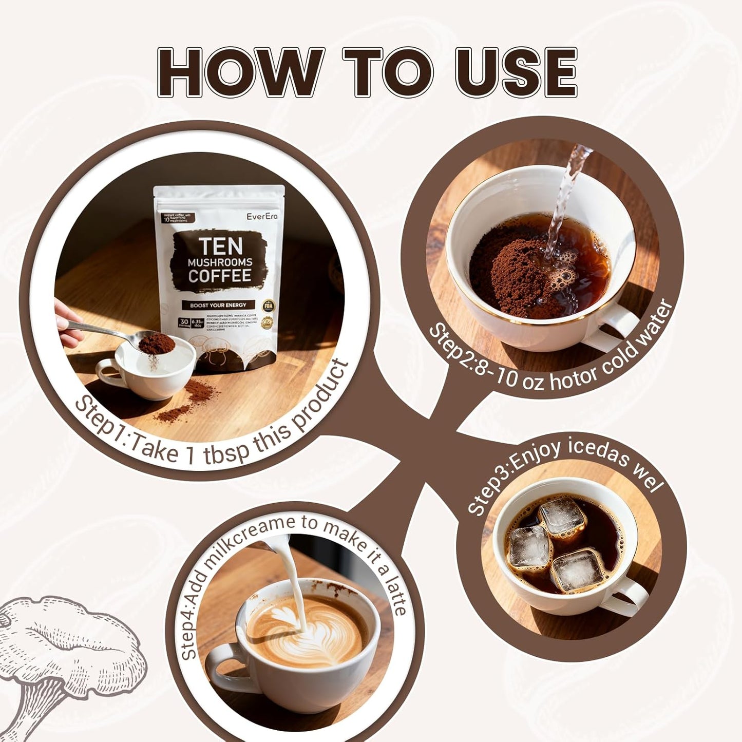 Organic Mushroom Coffee, 10-in-1 Blend Featuring Lions Mane, Cordyceps, Ginseng, and more. This Instant Coffee Boosts Energy, Digestion, and Immunity. Everyday Coffee Dose, 30 Servings