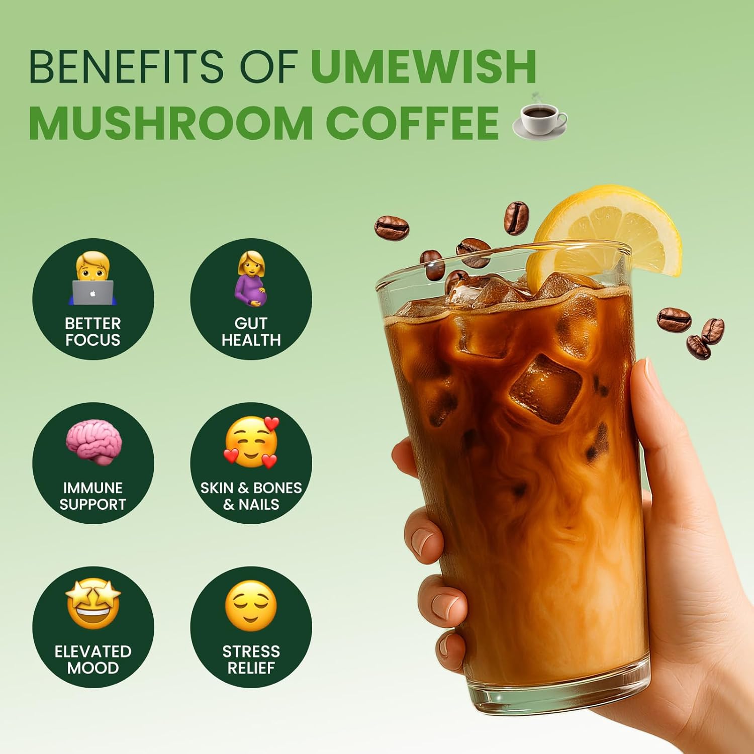 UMEWISH Mushroom Coffee Instant with Marine Collagen, Lion's Mane, Cordyceps, Turkey Tail, Chaga, Reishi for Energy, Focus, Digestion, Skin & Immunity, Keto Friendly(50 Days Supply)