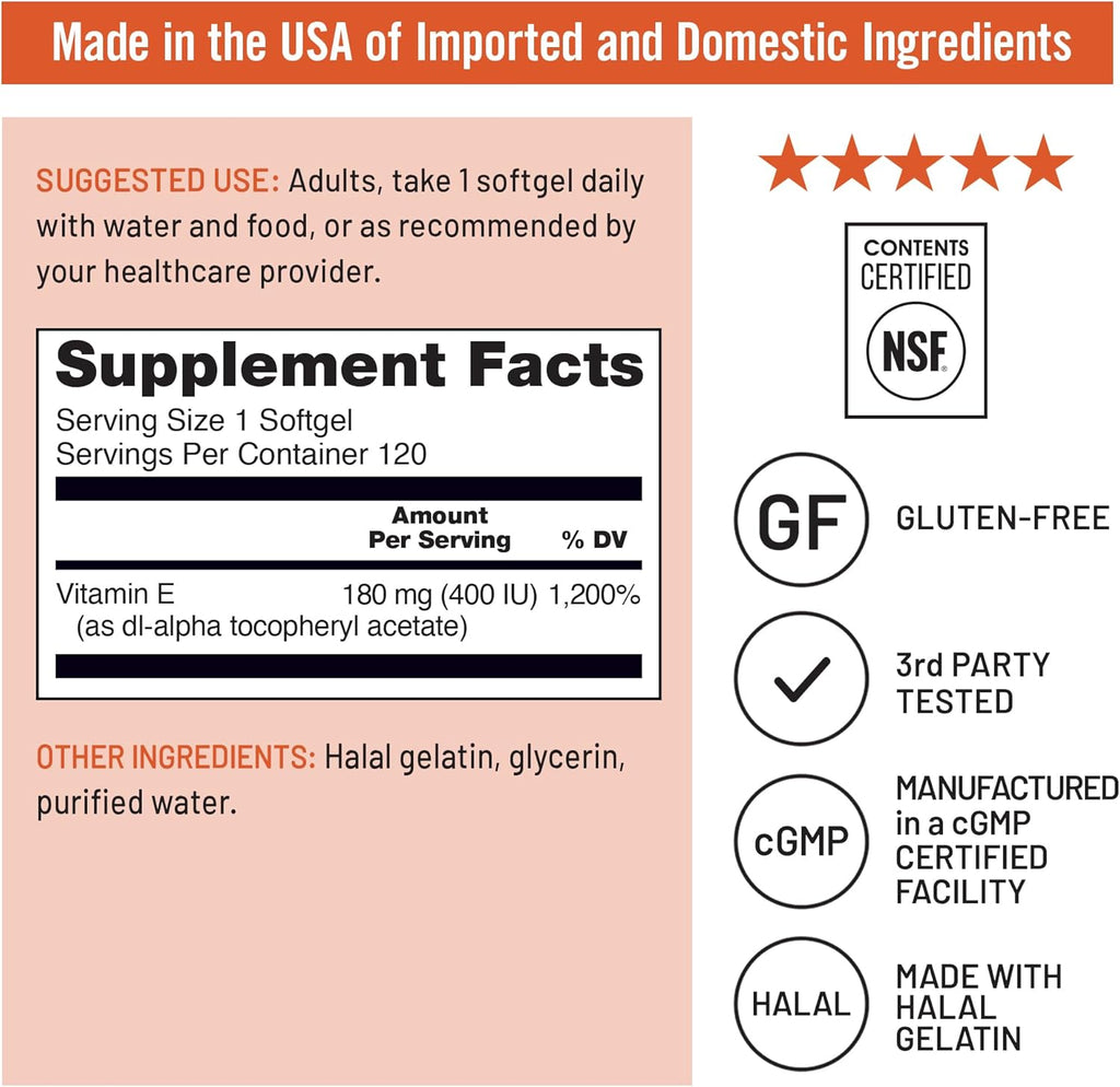 NatureWise Vitamin E 400 IU Softgels (180mg DL-Alpha) - Dairy, Gluten & Soy Free - Antioxidant-Rich Dietary Supplement for Skin, Heart, and Immune Health Support - 4-Month Supply, 120 Count