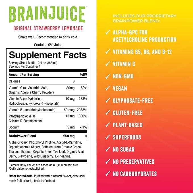Brainjuice Brain Health Support Drink for Energy & Focus, Vitamin C, B5, B6 & B12, L Theanine, Alpha GPC & Natural Caffeine From Green Tea, Vegan, Gluten Free, Strawberry Lemonade, 12 Oz Can, 6 Pack