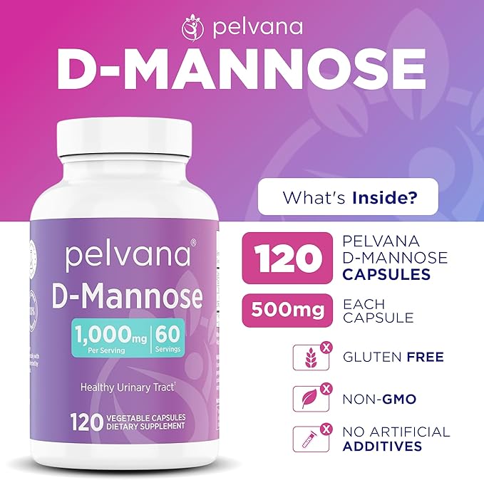 Pelvana D-Mannose 120 Capsules (500mg Each) – 1000mg per Serving – Assists & Maintains Healthy Urinary Tract, Flushes Impurities, Pure Ingredients, Gluten-Free – Third-Party Lab Tested, Made in USA