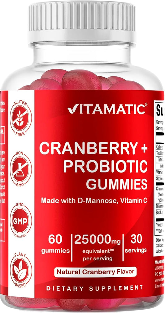 Vitamatic Vegan Cranberry Gummies with D-Mannose, Probiotics & Vitamin C – 25,000 mg Equivalent per Serving (from 50:1 Extract 500 mg) – 60 Count – Urinary Tract Health Support for Women