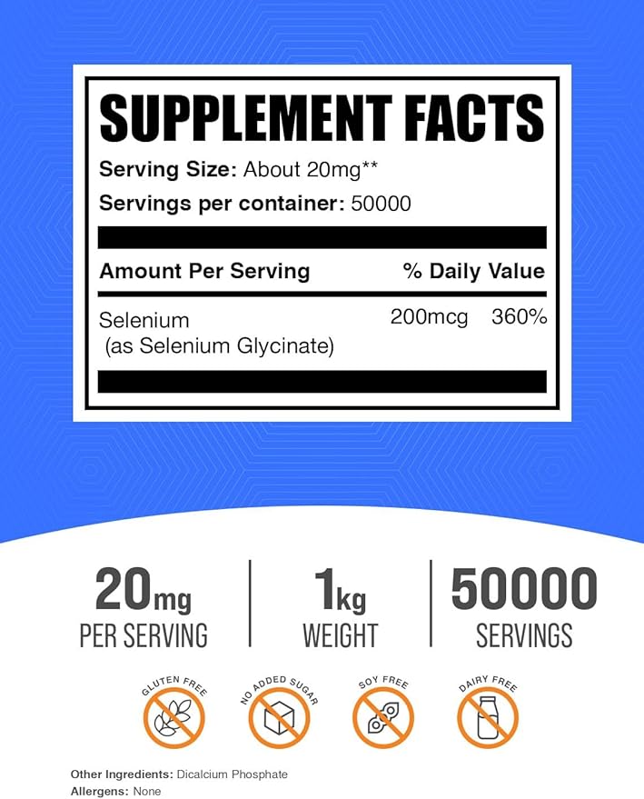 BulkSupplements.com Selenium Glycinate Powder - Selenium 200mcg, Mineral Supplement - Essential Trace Mineral & Gluten Free, 20mg per Serving, 1kg (2.2 lbs) (Pack of 1)